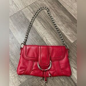 Red faux leather Rock silver ring clutch bag chain strap formal concert festival
